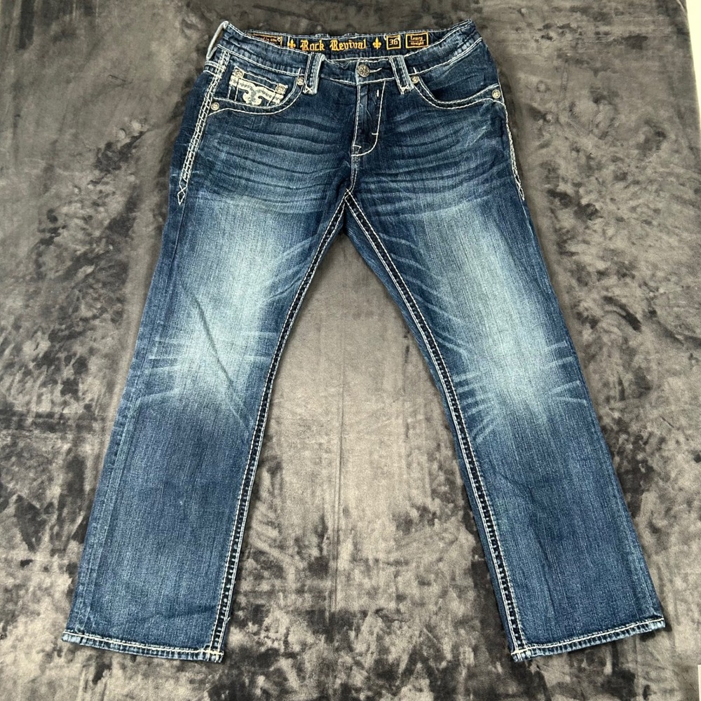 Rock Revival Lowry Straight Jeans Mens 36 Blue Embroidered Flap Pocket 4587